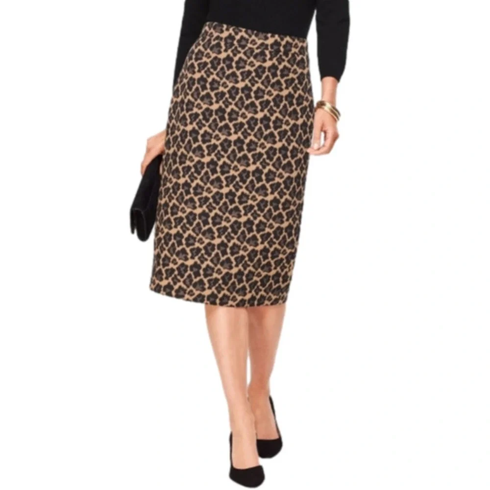 Talbots leopard print JACQUARD tan and black pencil skirt‎ weekend size 10 new!